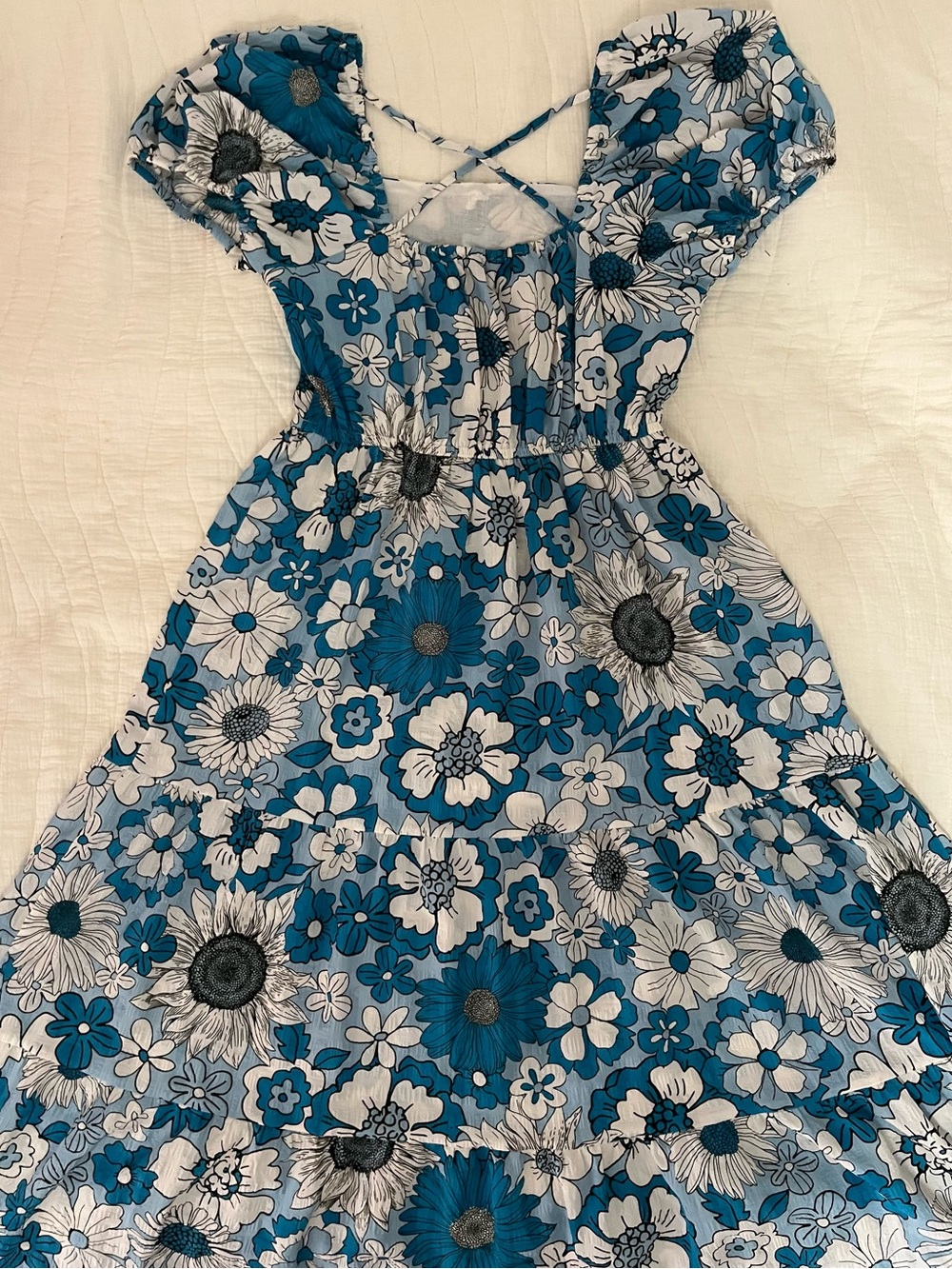 Blue & White Floral Puff Sleeve Sundress - Picture 3 of 5